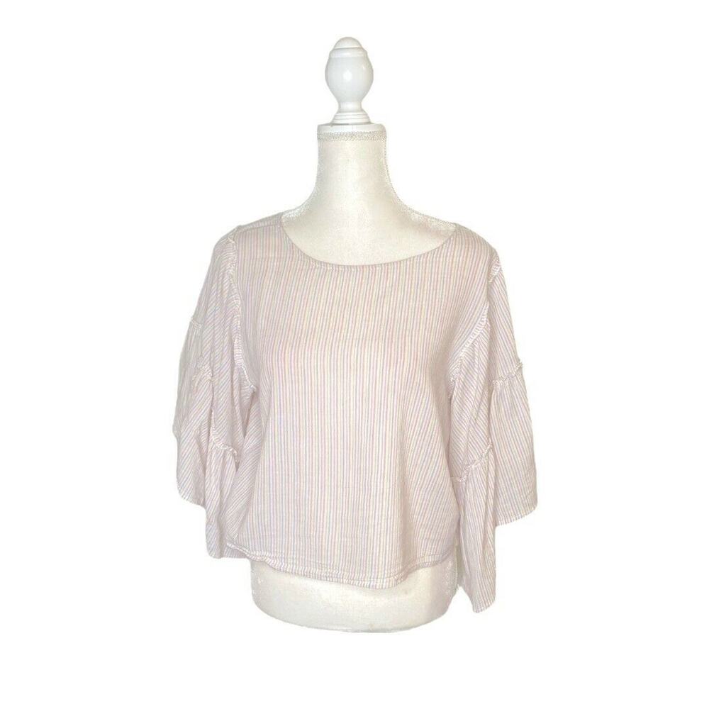 Vanilla Star Ruffle Sleeve Striped cropped Top Shirt Pink Purple White Sz L